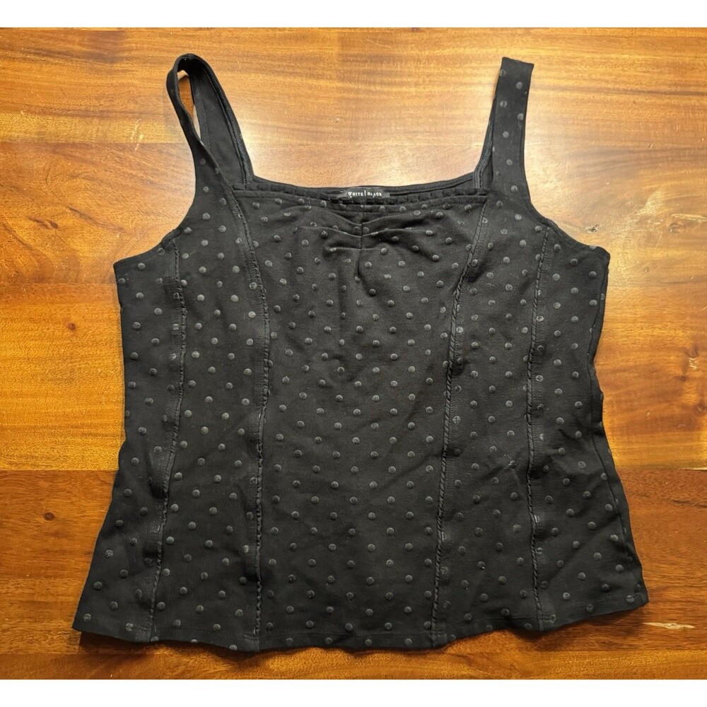 White House Black Market Corset Tank Top XL Black Swiss Dot Polka Dot Pleated